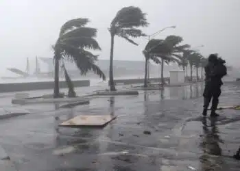 Mężczyzna idzie wzdłuż nabrzeża, gdy huragan Irene przechodzi na wschód od Nassau na wyspie New Providence na Bahamach, czwartek sierpnia. 25 września 2011 r. Irene uderza w Bahamy jako huragan 3. kategorii. (AP Photo/Lynne Sladky)