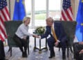 President Donald Trump shakes hands with European Commission President Ursula von der Leyen as they meet at the Trump Turnberry golf course in Turnberry, Scotland Sunday, July 27, 2025. (AP Photo/Jacquelyn Martin)