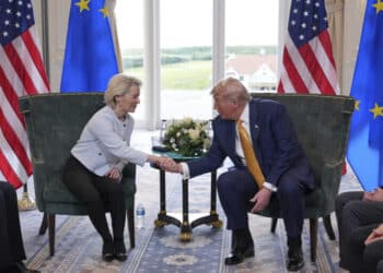 President Donald Trump shakes hands with European Commission President Ursula von der Leyen as they meet at the Trump Turnberry golf course in Turnberry, Scotland Sunday, July 27, 2025. (AP Photo/Jacquelyn Martin)
